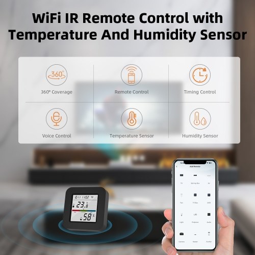 3 In 1 IR Remote Control with Smart Temperature Humidity Monitor LCD Screen WiFi BT Dual Mode Universal Remote Control TY APP Timing Voice Control for Home Office Garage Temperature Humidity Sensor 