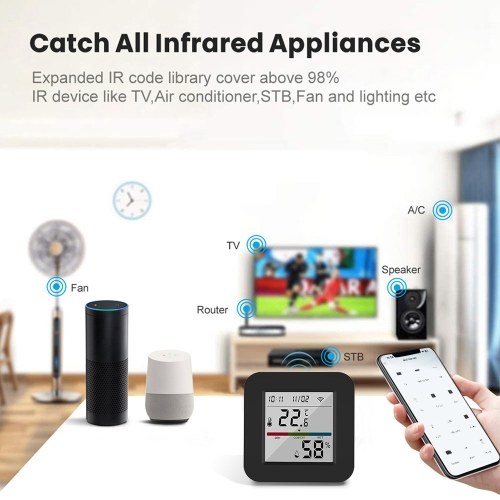3 In 1 IR Remote Control with Smart Temperature Humidity Monitor LCD Screen WiFi BT Dual Mode Universal Remote Control TY APP Timing Voice Control for Home Office Garage Temperature Humidity Sensor 