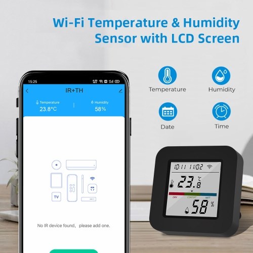 3 In 1 IR Remote Control with Smart Temperature Humidity Monitor LCD Screen WiFi BT Dual Mode Universal Remote Control TY APP Timing Voice Control for Home Office Garage Temperature Humidity Sensor 