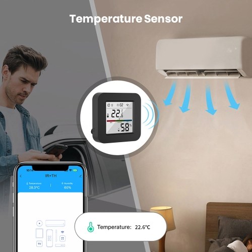 3 In 1 IR Remote Control with Smart Temperature Humidity Monitor LCD Screen WiFi BT Dual Mode Universal Remote Control TY APP Timing Voice Control for Home Office Garage Temperature Humidity Sensor 
