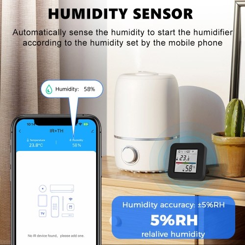 3 In 1 IR Remote Control with Smart Temperature Humidity Monitor LCD Screen WiFi BT Dual Mode Universal Remote Control TY APP Timing Voice Control for Home Office Garage Temperature Humidity Sensor 