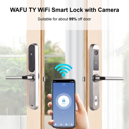 

WAFU TY WiFi Smart Lock с камерой, бесключевой доступ, ручка замка, водонепроницаемая, из нержавеющей стали, узкий край, биометрический дверной замок, приложение, 5 способов разблокировки для дверей толщиной 40-120 мм для офиса, дома, спальни