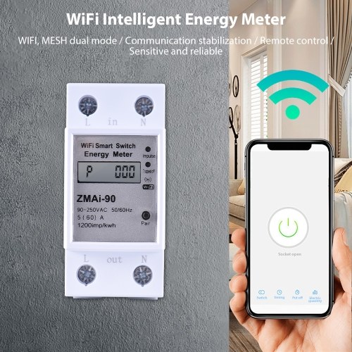 WiFi Intelligent Energy Meter Support TY APP Control Single-Phase Din Rail Smart Electricity Meter Power Consumption Kwh Meter Wattmeter LCD Display Voice Control Metering Switch Functions 