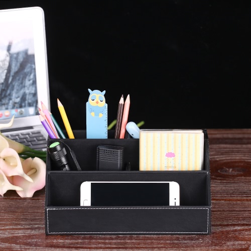 

Multi-functional PU Leather Desktop Organizer Storage Box Holder with 5 Compartments for Remote Control Cell Phones Office Supplie