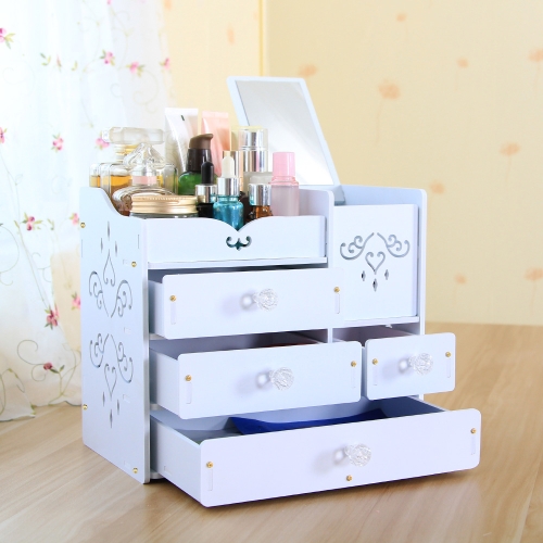 

DIY White Desktop Makeup Organizer Jewelry Storage Box Cosmetic Holder with Drawers Acrylic Mirror