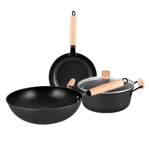 3PCS Set di pentole Wok Padella per padella con coperchio Pentole e padelle Set Padella per uova antiaderente in pietra Maifan