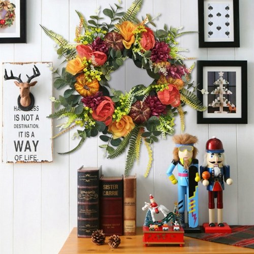 

18 Inch Fall Wreath Harvest Festival Wreaths Autumn Wreath with Pumpkin Flower Leaf Thanksgiving Wreath for Farmhouse Fall Front Door Decorations Gift