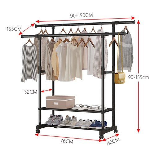 Porte-vêtements de laminage à double canne Aoresac avec étagères Hauteur et longueur réglables Porte-vêtements métalliques Porte-vêtements avec roues Rac à chaussure à deux pas pour coin entrée Salle à coucher