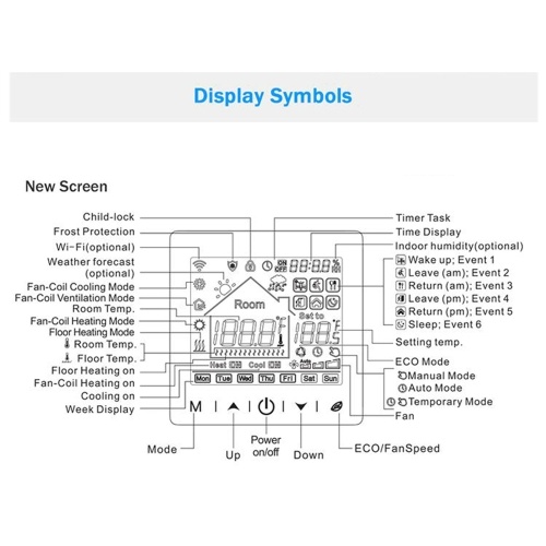Floor Heating & Fan Coil for 2 Pipe System Thermostat WIFI/485 Modbus with Application & Voice Control 3.5 Inch LCD Display Intelligent Programmable Thermostat Child Lock Weather Forecast 