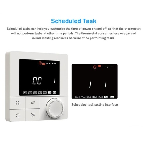 Floor Heating & Fan Coil for 2 Pipe System Thermostat WIFI/485 Modbus with Application & Voice Control 3.5 Inch LCD Display Intelligent Programmable Thermostat Child Lock Weather Forecast 