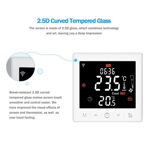 Floor Heating & Fan Coil for 2 Pipe System Thermostat WIFI/485 Modbus with Application & Voice Control 3.5 Inch LCD Display Intelligent Programmable Thermostat Child Lock Weather Forecast 