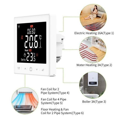 Floor Heating & Fan Coil for 2 Pipe System Thermostat WIFI/485 Modbus with Application & Voice Control 3.5 Inch LCD Display Intelligent Programmable Thermostat Child Lock Weather Forecast 