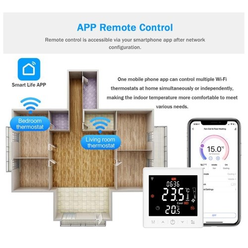 Floor Heating & Fan Coil for 2 Pipe System Thermostat WIFI/485 Modbus with Application & Voice Control 3.5 Inch LCD Display Intelligent Programmable Thermostat Child Lock Weather Forecast 