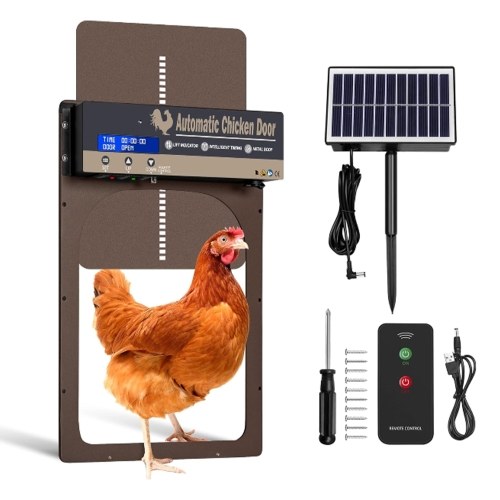 Automatic Chicken Coop Door Solar Powered 4 Modes Aluminum Alloy Steel Coop Door Opener with Remote Control / Timer / Light Sensor / Manual Mode LCD Screen Weatherproof Anti-Pinch Automatic Chicken Door 
