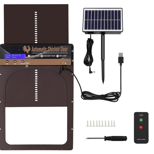 Automatic Chicken Coop Door Solar Powered 4 Modes Aluminum Alloy Steel Coop Door Opener with Remote Control / Timer / Light Sensor / Manual Mode LCD Screen Weatherproof Anti-Pinch Automatic Chicken Door 