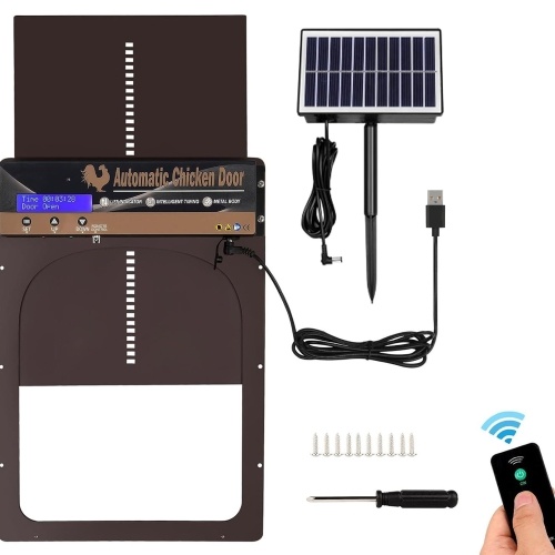 Automatic Chicken Coop Door Solar Powered 4 Modes Aluminum Alloy Steel Coop Door Opener with Remote Control / Timer / Light Sensor / Manual Mode LCD Screen Weatherproof Anti-Pinch Automatic Chicken Door 