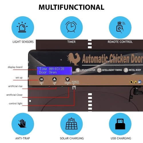 Automatic Chicken Coop Door Solar Powered 4 Modes Aluminum Alloy Steel Coop Door Opener with Remote Control / Timer / Light Sensor / Manual Mode LCD Screen Weatherproof Anti-Pinch Automatic Chicken Door 