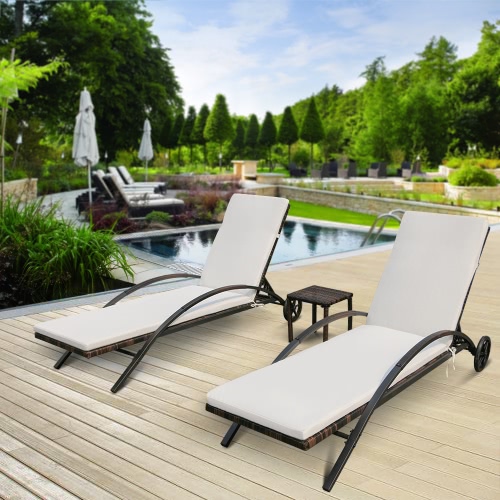 iKayaa 3PCS Rattan Wicker Patio Chaise Lounge Chair Table Set