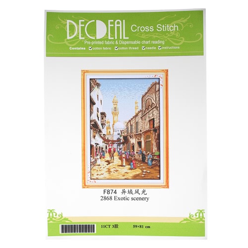 

Decdeal DIY Handmade Needlework Cross Stitch Set 59 * 81cm Embroidery Kit 11CT Precise Printed Exotic Scenery Cross-Stitching Home