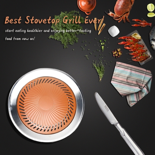 

Nonstick Smokeless Indoor Stovetop Grill BBQ Stainless Steel Cookware with Double Coated No-stick Surface Healthy Kitchen Tool