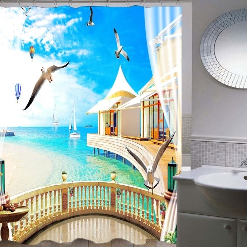 

Simulation 3D Seaview Natural Scenery Waterproof Shower Curtain Drapes of Bathroom Toilet with Hooks