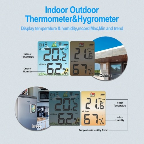 Wireless Indoor Outdoor Hygrometer Thermometer Temperature Humidity Display Monitor Digital Weather Forecast Station Clock Atomic Alarm Clock with Colorful Touchscreen Adjustable Backlight 