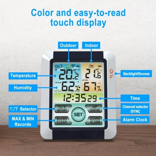 Wireless Indoor Outdoor Hygrometer Thermometer Temperature Humidity Display Monitor Digital Weather Forecast Station Clock Atomic Alarm Clock with Colorful Touchscreen Adjustable Backlight 