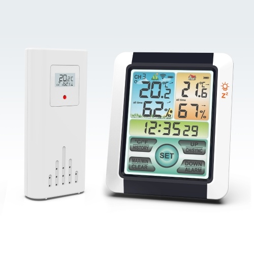 Wireless Indoor Outdoor Hygrometer Thermometer Temperature Humidity Display Monitor Digital Weather Forecast Station Clock Atomic Alarm Clock with Colorful Touchscreen Adjustable Backlight 