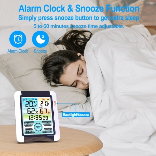 Wireless Indoor Outdoor Hygrometer Thermometer Temperature Humidity Display Monitor Digital Weather Forecast Station Clock Atomic Alarm Clock with Colorful Touchscreen Adjustable Backlight 