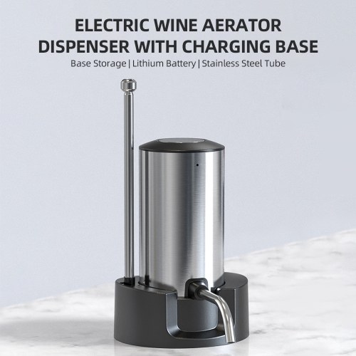 Electric Wine Decanter Dispenser 304 Stainless Steel Automatic Type-C Charging Cordless Wine Aerator Pourer with Storage Base Slanted Outlet Retractable Dispenser Tube 
