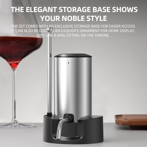 Electric Wine Decanter Dispenser 304 Stainless Steel Automatic Type-C Charging Cordless Wine Aerator Pourer with Storage Base Slanted Outlet Retractable Dispenser Tube 