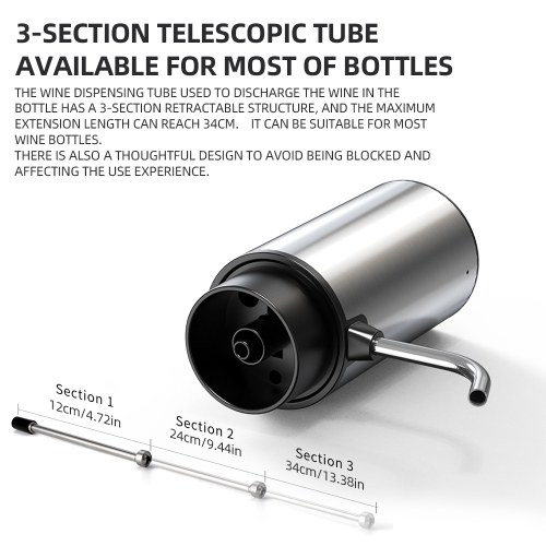 Electric Wine Decanter Dispenser 304 Stainless Steel Automatic Type-C Charging Cordless Wine Aerator Pourer with Storage Base Slanted Outlet Retractable Dispenser Tube 