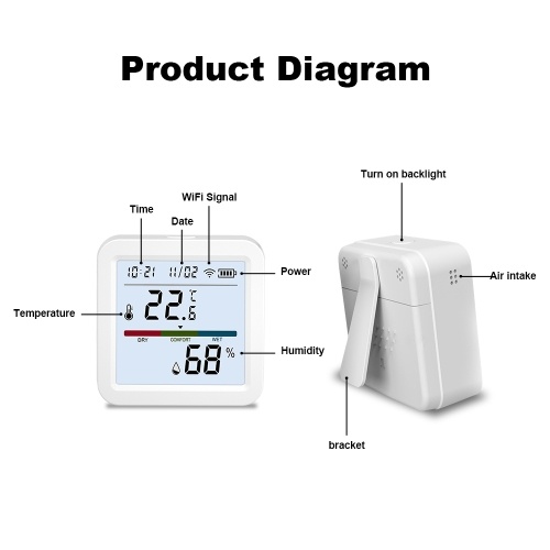 WiFi Thermometer Hygrometer TY App Smart Thermometer for Home LCD Backlight with Detachable Stand Digital Temperature Humidity Sensor Real-time Monitoring Recordin for Bedroom Greenhouse Garage 