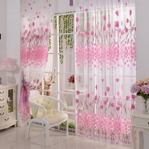 2Pcs 100*200cm Fantasy High-end Tulip Floral Pattern Door Curtains Window Curtains Door Voile Curtain Window Drape Room Divider Wall Setting Wall Decoration Classy Window Treatments Size 39