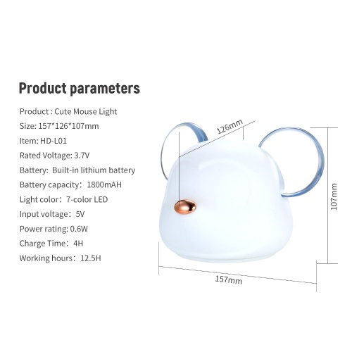 

Lamp Colorful Gradient Little Mouse LED Night Light USB Rechargeable Silicone Night Lights Touch Sensor Control 7-Color Portable Atmosphere Decorative Lamp