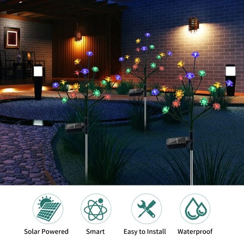 2Pack Lotus shape LED Solar Lights Outdoor Garden Stake Lights Colorful Gradient Flower Branch Decorative Lamp Waterproof Auto On/Off Landscape Lamp for Patio Lawn Wedding Party Yard 