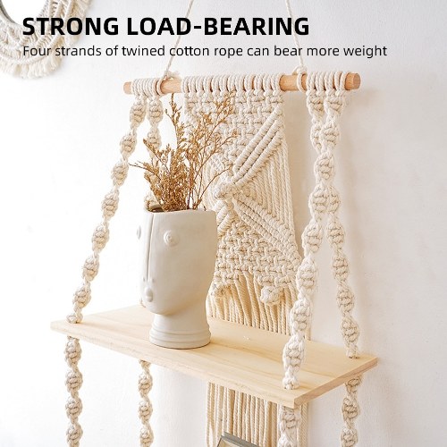 

2 Tier Wall Hanging Shelf Wall Decor Decorative Creamy White Hanging Shelf Woven Rope for Bedroom Living Room Bookshelf
