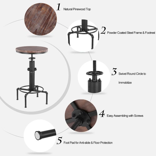 

iKayaa Pinewood Top Round Pub Bar Table Height Adjustable Swivel Counter Bistro Table Industrial Pipe Style Kitchen Dining Table