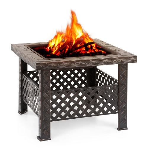 iKayaa Metal Garden Backyard Fire Pit Patio Square Firepit Stove Brazier Outdoor Fireplace W / Firepit Cover & Poker + BBQ Grill