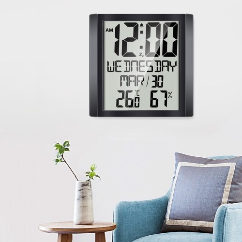 Digital Wall Clock with Temperature & Humidity 8.6`` Large Display Time/ Date/ Week Alarm Clock & Snooze ℃/ ℉ Selectable Indoor Thermo-hygrometer Accurate Weather Monitor for Home Office (Black) 