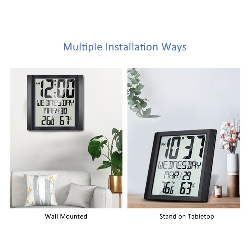 Digital Wall Clock with Temperature & Humidity 8.6`` Large Display Time/ Date/ Week Alarm Clock & Snooze ℃/ ℉ Selectable Indoor Thermo-hygrometer Accurate Weather Monitor for Home Office (Black) 