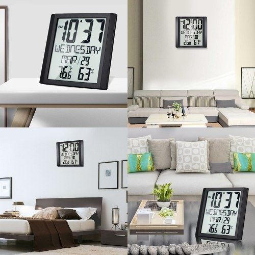 Digital Wall Clock with Temperature & Humidity 8.6`` Large Display Time/ Date/ Week Alarm Clock & Snooze ℃/ ℉ Selectable Indoor Thermo-hygrometer Accurate Weather Monitor for Home Office (Black) 