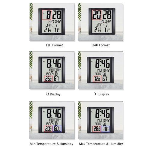 Digital Wall Clock with Temperature & Humidity 8.6`` Large Display Time/ Date/ Week Alarm Clock & Snooze ℃/ ℉ Selectable Indoor Thermo-hygrometer Accurate Weather Monitor for Home Office (Black) 