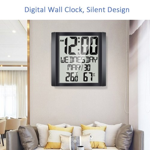 Digital Wall Clock with Temperature & Humidity 8.6`` Large Display Time/ Date/ Week Alarm Clock & Snooze ℃/ ℉ Selectable Indoor Thermo-hygrometer Accurate Weather Monitor for Home Office (Black) 