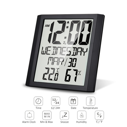 Digital Wall Clock with Temperature & Humidity 8.6`` Large Display Time/ Date/ Week Alarm Clock & Snooze ℃/ ℉ Selectable Indoor Thermo-hygrometer Accurate Weather Monitor for Home Office (Black) 