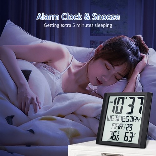 Digital Wall Clock with Temperature & Humidity 8.6`` Large Display Time/ Date/ Week Alarm Clock & Snooze ℃/ ℉ Selectable Indoor Thermo-hygrometer Accurate Weather Monitor for Home Office (Black) 