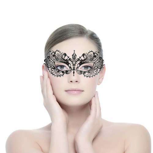 Festnight Elegant Black Laser Cut Metal Half Mask with Rhinestones Masquerade Ball Halloween Mask Fancy Gift