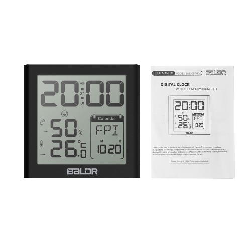 

Baldr Mini LCD Digital Alarm Clock Indoor Thermometer Hygrometer with Alarm Snooze Function Calender White Backlight for Home Offi