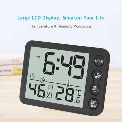 

Digital Indoor Thermometer & Hygrometer with Clock LCD Display ℃/ ℉ Selectable Countdown Timer Accurate Temperature Humidity Monitor for Home Office