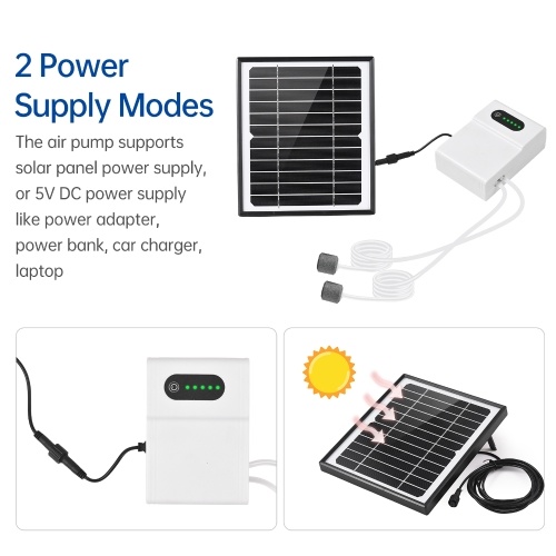 5W/6V Solar Powered Oxygen Air Pump Kit for Aquarium Fish Tank Oxygenator Oxygen Aerator Solar Air Pump 2 Working Modes with Solar Panel/ Oxygen Pipe/ 2 Air Bubble Stones 